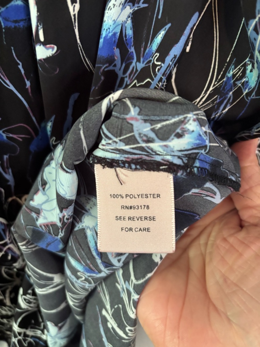 3/$20 Philosophy Black Floral Elastic Neckband Blouse with Blue & White Accents - Picture 4 of 4